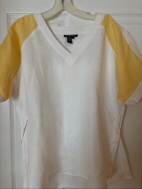 Tracy M White Linen Blouse with Yellow Sleeve Panels